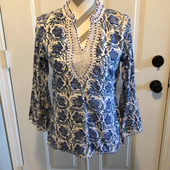 Diane Snyder BohoHippie bead embroidered blue&white floral print bell sleeve top - Picture 2 of 9